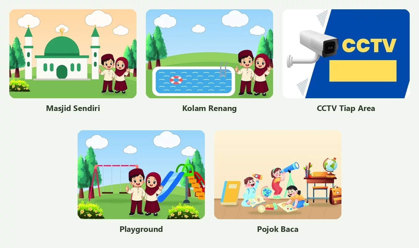 Masjid, kolam renang, CCTV, playground, dan pojok baca